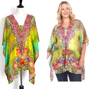 New White Mark Animal Print Caftan Yellow Leopard Size L - XL